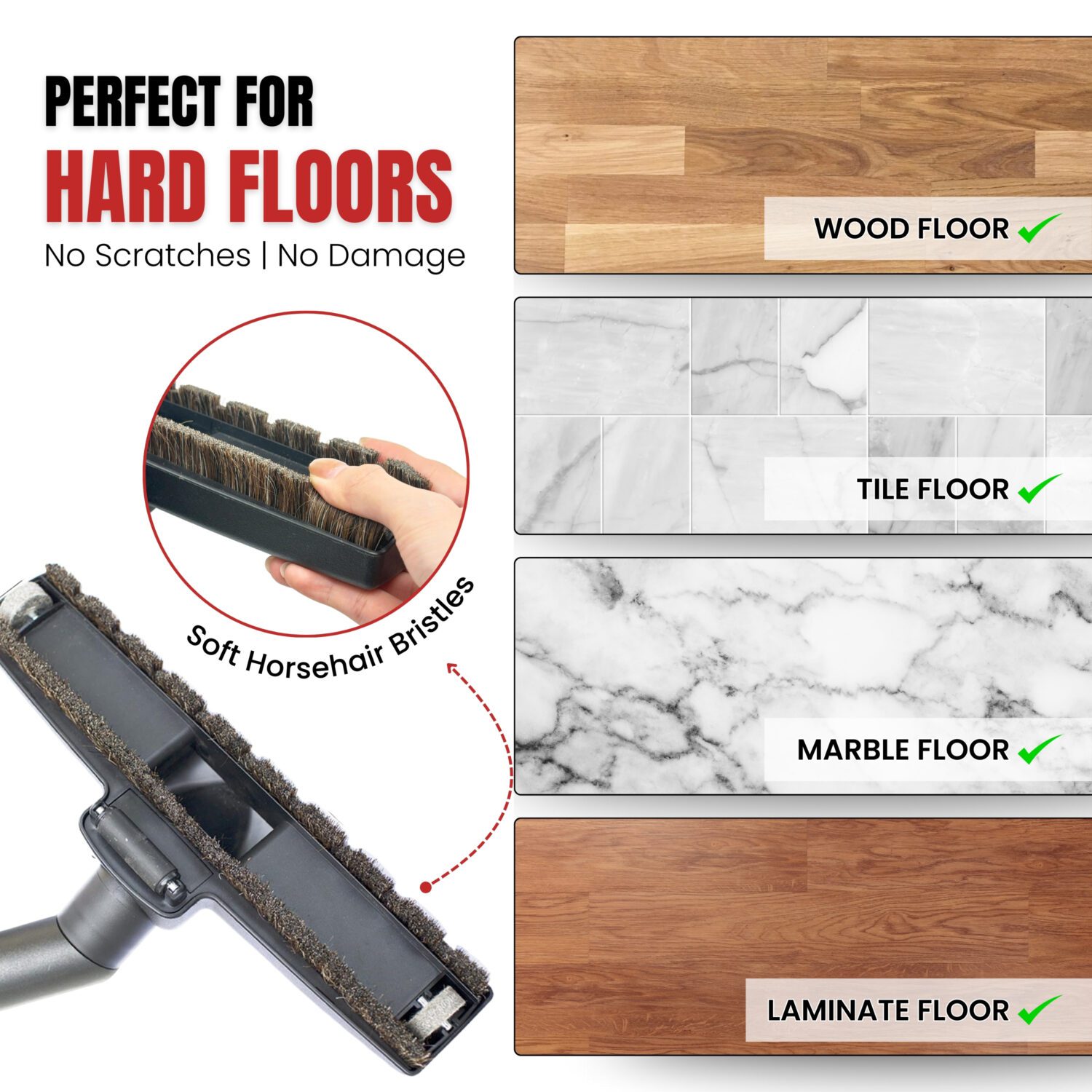 GHAMADE Horse Hair Hard Floor Tool Kit for Universal Vacuum Set 5: For Carpet & Hard Floors Vacuum Brush Attachment with Horse Hair Bristles and Wheels, Using On Any Surface without Scratches - Hardwood Floor Attachments plus Vacuum Hose Adapter - Image 3