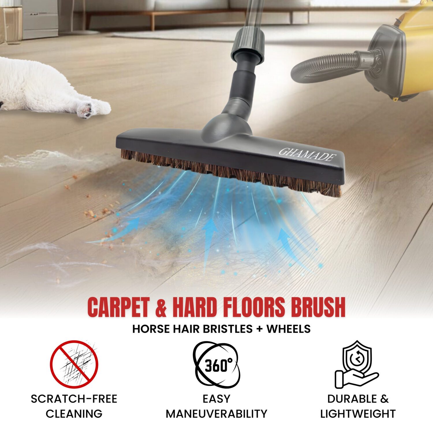 GHAMADE Horse Hair Hard Floor Tool Kit for Universal Vacuum Set 5: For Carpet & Hard Floors Vacuum Brush Attachment with Horse Hair Bristles and Wheels, Using On Any Surface without Scratches - Hardwood Floor Attachments plus Vacuum Hose Adapter - Image 2
