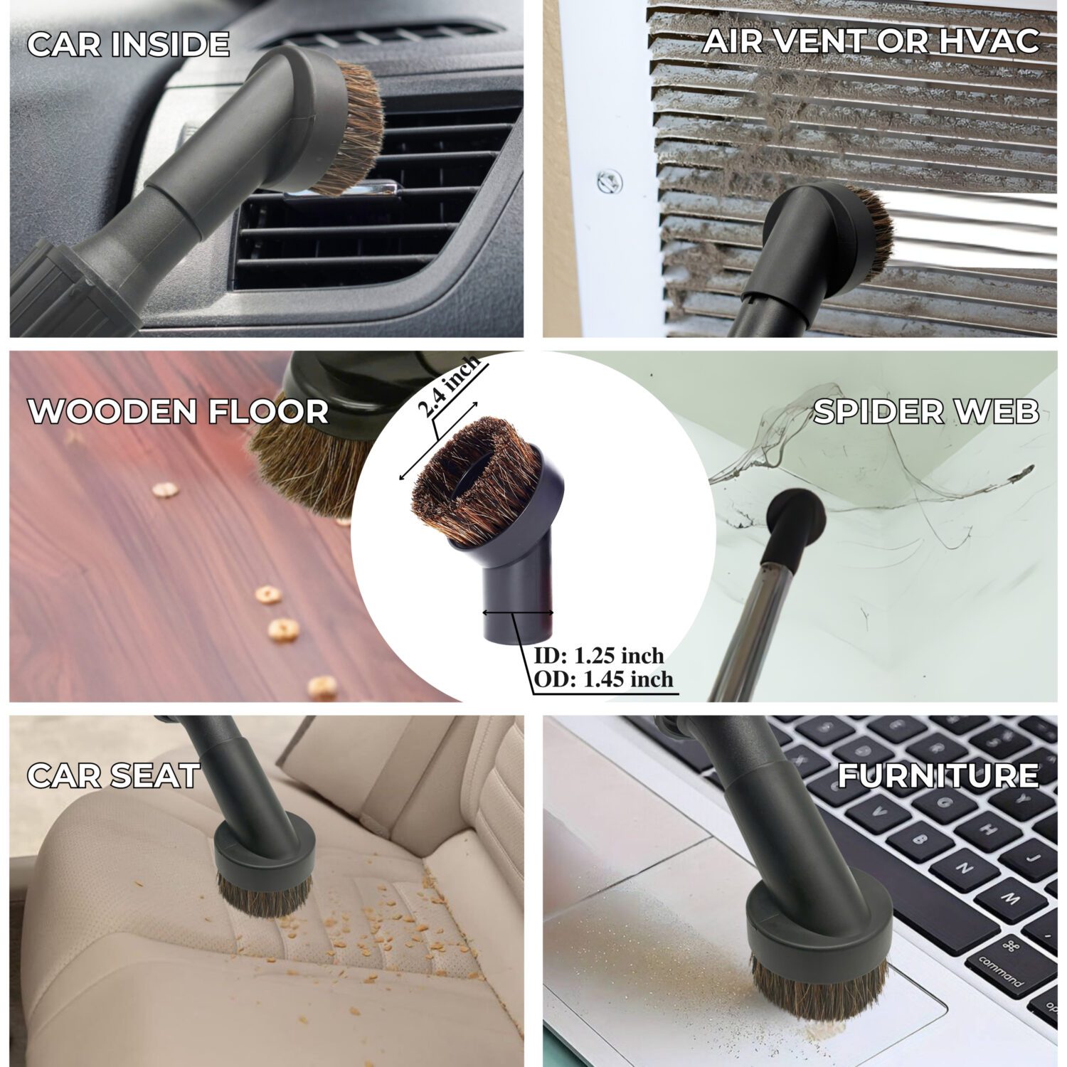 Universal 1.25 Inch Vacuum Brush Attachment Kit Compatible with All Vacuums Using 1-1/4'' Accessories - 1.25 Inch Shop Vac Accessories: Horse Hair Dust Brush, Vacuum Extension Wand and More (10 Pack) - Image 8