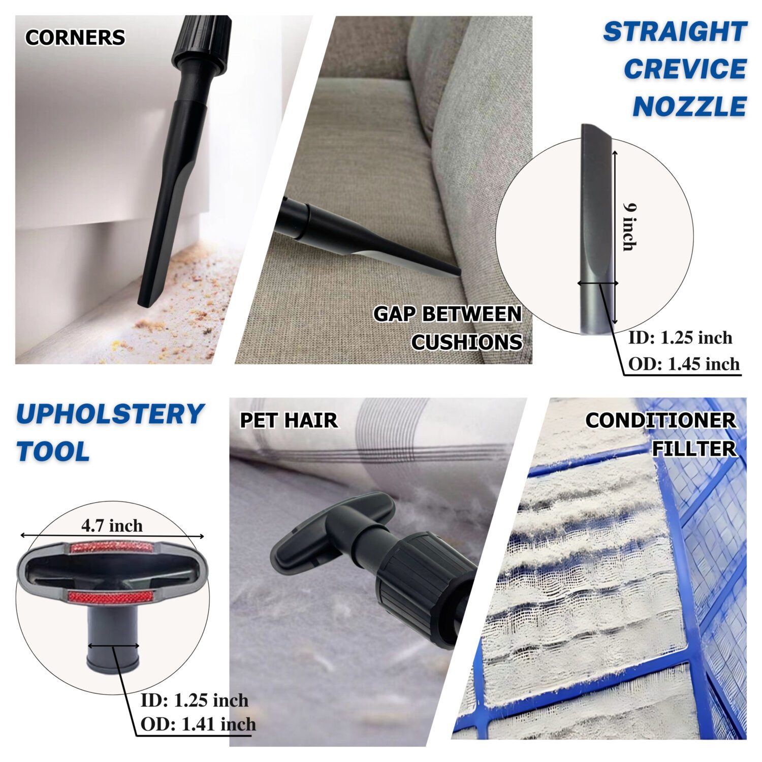 Universal 1.25 Inch Vacuum Brush Attachment Kit Compatible with All Vacuums Using 1-1/4'' Accessories - 1.25 Inch Shop Vac Accessories: Horse Hair Dust Brush, Vacuum Extension Wand and More (10 Pack) - Image 6