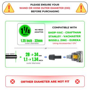 Universal 1-1/4'' Vacuum Turbo Brush Attachment for Pet Hair Removal – Fits Shop Vacs 1.25”(32mm) Hoses – Air Driven Turbo Brush Compatible with Most Vacuum Cleaners Using 1-1/4 in Accessories 12 7 5