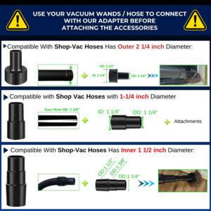Soft Horse Hair Compatible with Shop Vac – 1.25 Inch Premium Vacuum Brush with Hose Adapter Kit for 2-1/2'', 1-1/2'' & 1-1/4'' 10 Compatible with Shop Vac Hose 2-1/2'', 1-1/2'' & 1-1/4''