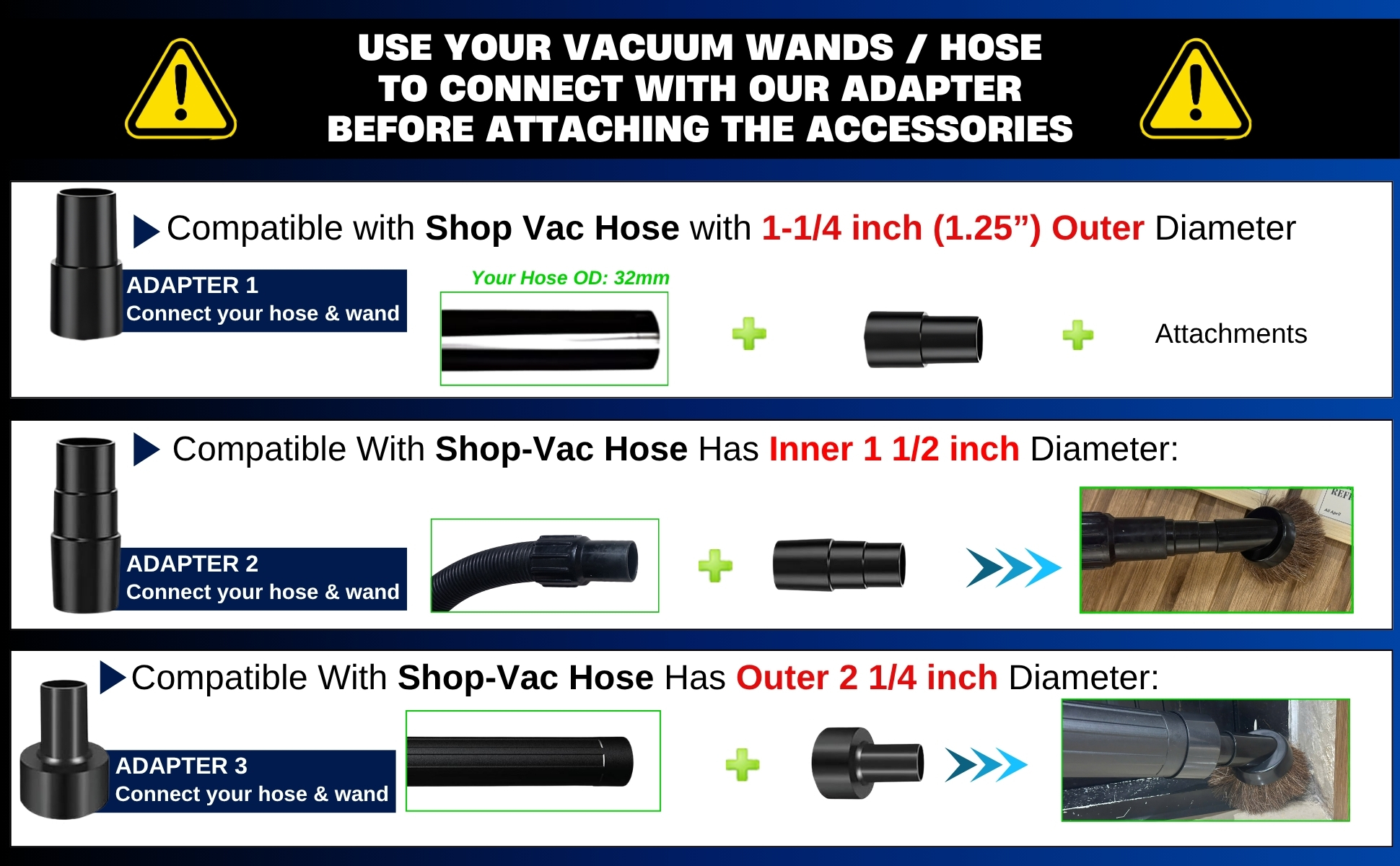 Soft Horse Hair Compatible with Shop Vac – 1.25 Inch Premium Vacuum Brush with Hose Adapter Kit for 2-1/2'', 1-1/2'' & 1-1/4'' 16 Shop Vac Hose 2-1/2'', 1-1/2'' & 1-1/4''