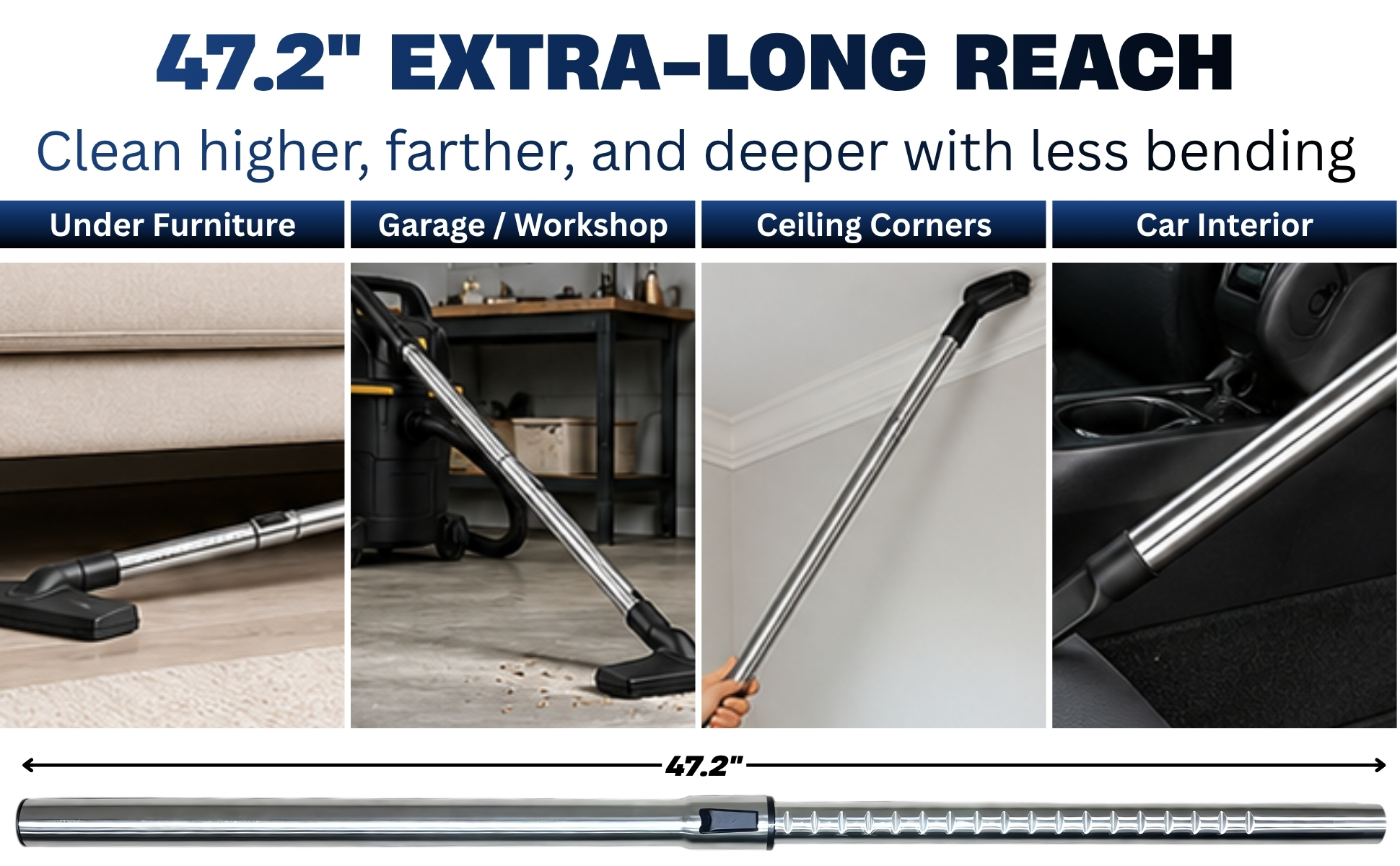Telescopic Vacuum Wand, 47" Stainless Steel Extension Tube Compatible with Small Shop Vac 14 47" Stainless Steel Vacuum Extension