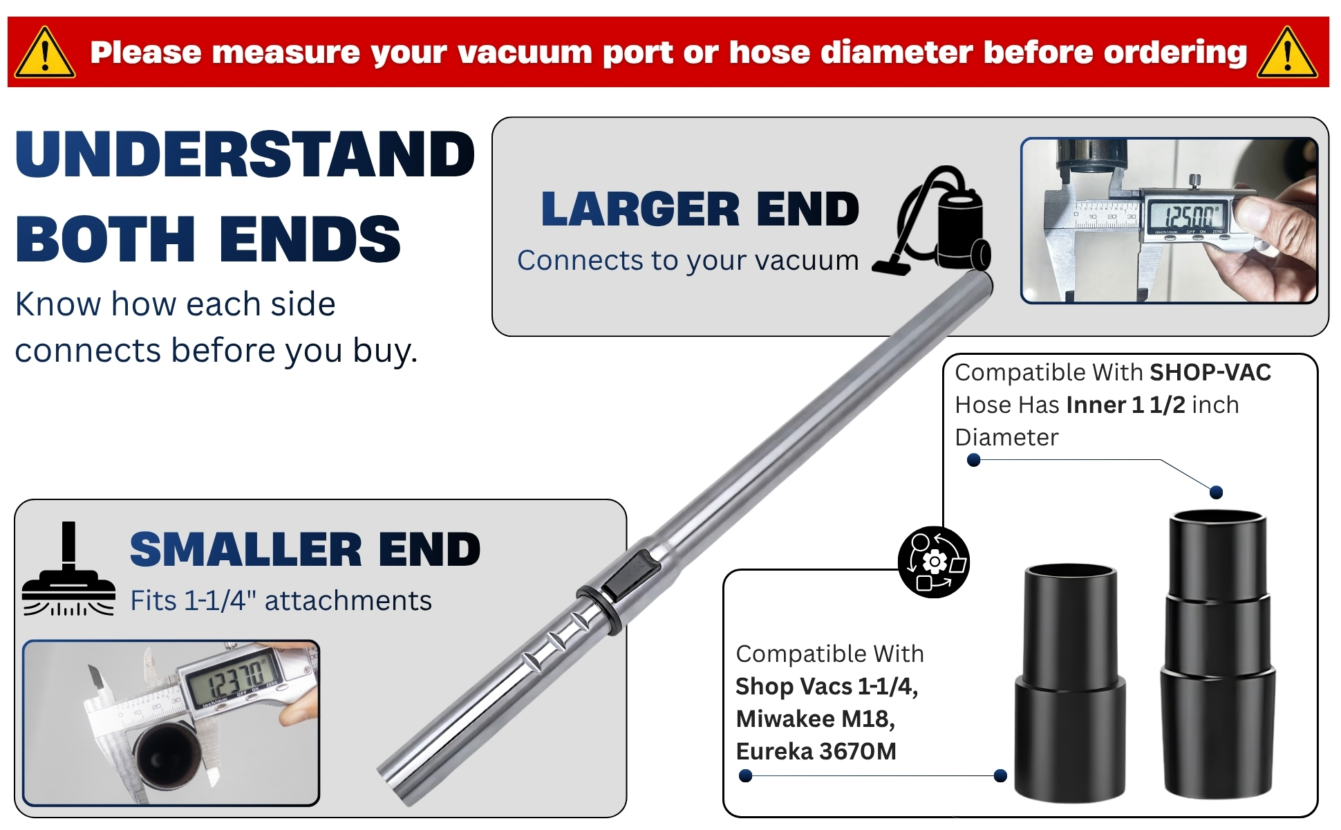 Telescopic Vacuum Wand, 47" Stainless Steel Extension Tube Compatible with Small Shop Vac 15 1 1/4 vacuum extension wand